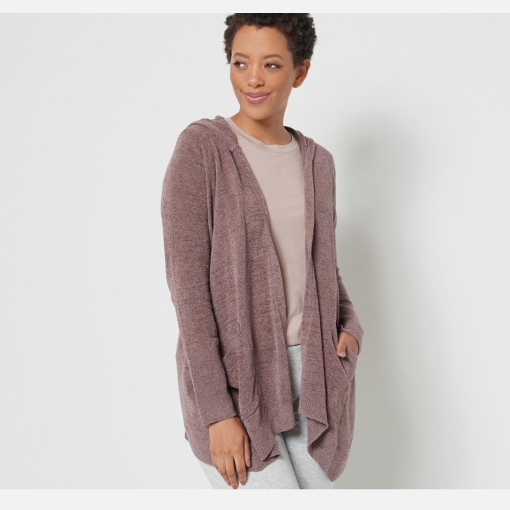 Barefoot Dreams CozyChic Lite Relaxed Hooded Cardigan Open Front Dune Brown